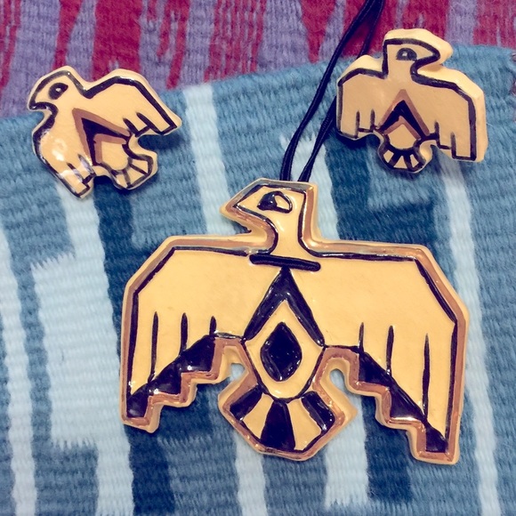 Unique VNTG Native American Thunderbird style necklace and earrings (1950’s) - Picture 4 of 7